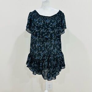 Free People Womens Chiffon Off Shoulder Top Black Blue Floral Ruffle L‎ Boho
